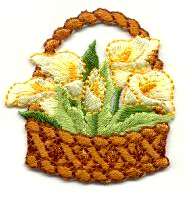 CALLA LILIES IN WEAVED BASKET EMBROI IRON ON APPLIQUE  