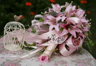   PINK ARTIFICIAL CASCADE SILK WEDDING BRIDAL LILY FLOWER BOUQUET  