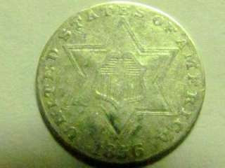 1856 3 THREE CENT SILVER PIECE COIN   