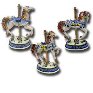 Set of 3 Carousel Horses Blue and White Ponies Statues 98166,98167 