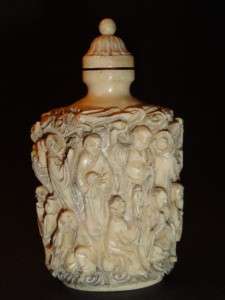   SNUFF BOTTLE CARVED WITH PEOPLE ,TIGER , DRAGON & DOG ANTIQUE RARE