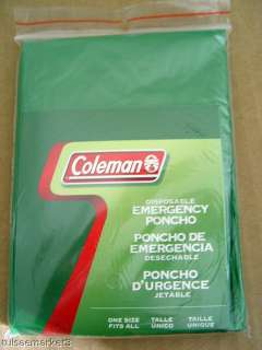 Set of 4 GREEN Coleman Emergency Disposable Rain Poncho  