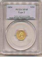 1854 T2 GOLD LIBERTY DOLLAR XF45 PCGS. Nicely Struck Original Example 