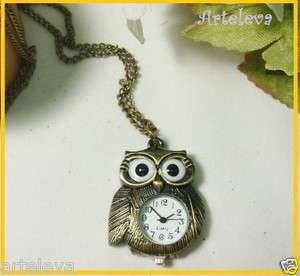 Cute OWL Watch NECKLACE bronze Chain Retro Vintage Antique Jewelry 