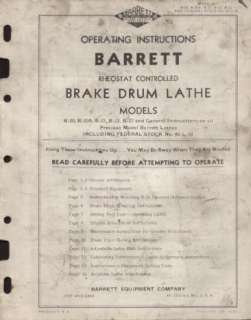 1952 BARRETT BRAKE DRUM LATHE OPERATING INSTRUCTIONS  