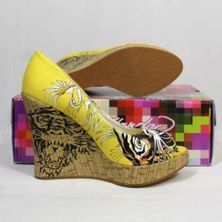 New Ed Hardy Tiger Casablanca Yellow Heel Pumps Shoes  