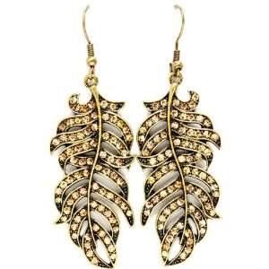    Feather Design Antique Gold Finish Crystal Earrings Jewelry