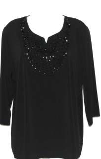 NEW Susan Graver Liquid Knit 3/4 Sleeve Embellished Top BLACK/M  
