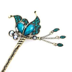 Czech Rhinestone Antique Brass Hair Stick Butterfly with Tassels Blue