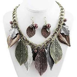  Tri Tone Large Leaf Necklace and Earrings Set: Jewelry