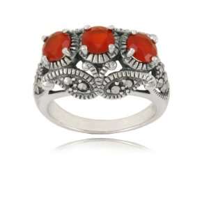  Sterling Silver Marcasite and Faceted Carnelian Ring, Size 