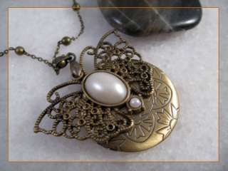 Brass Pearl Filigree Butterfly Picture Locket Pendant Necklace  