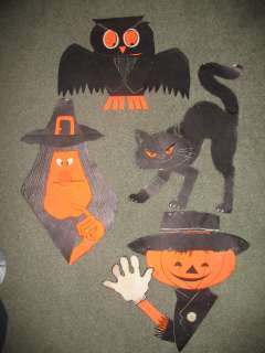 Vintage Die Cut Cardboard Halloween Cutouts Witch   Owl   Black Cat 