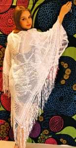 Vintage FRINGE White PEACOCK Boho HIPPIE Caftan PONCHO Dress / Top S M 