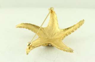   Costume Jewelry Gold Tone Starfish Brooch Pin White Glass Cab Accents