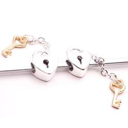 Bleek2Sheek 14k Gold and Silver Heart Lock and Key Beads (Set of 2 