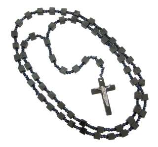 Rosary Necklace W/ Black Hematite Beads And Cross  