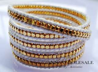 Wholesale Womens Men Silver/Gold Mix beads Leather stand Cuff wrap 