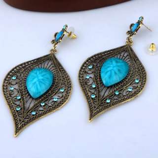   alloy gold tone hollow leaf drop turquoise dangle earrings 3E05  