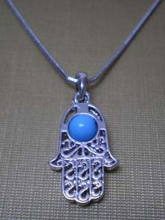 NECKLACE HAMSA FATIMA HAND SET WITH BLUE TURQUOISE STAINLESS STEEL 