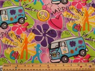   Power Fabric BTY Peace Signs Love Hippie Van Hearts Stars  