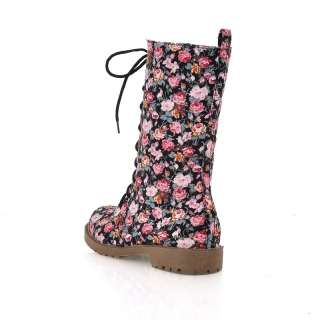 Womens Pink Floral Punk Lace Up Military Boots #780b  