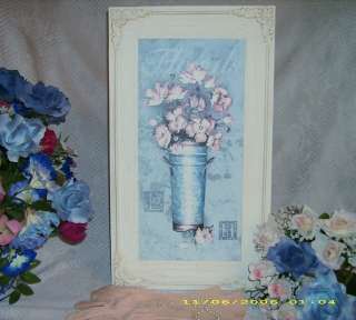 Shabby Pink Blue Floral Print on Painted Canvas NEW  