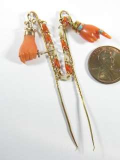 FABULOUS ANTIQUE ITALIAN GOLD CORAL HAND PINS c1830  