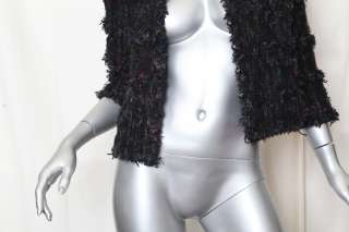 CHANEL Black Fringe Ribbon Yarn Woven Tweed Collarless Blazer Jacket 