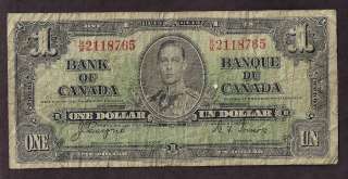 BANK OF CANADA 1937 1 DOLLAR NOTE   8765  