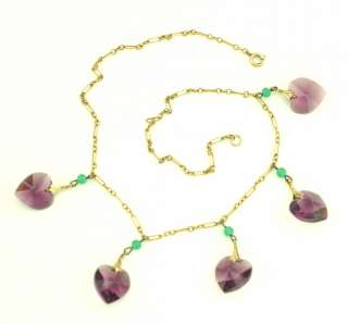   Amethyst Glass Faceted Heart Drop Pendant Green Beaded 12K GF Necklace