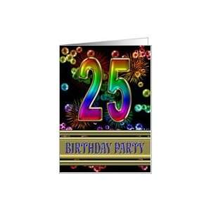  25th Birthday party invitation with bubbles and fireworks 