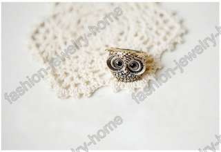 Fashion Cute Antique Gloden Silver Owl Black Eyes Ring  