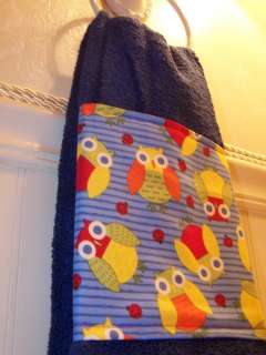 Set of 2 Owl Hand Towels Blue, Debbie Mumm Fabric, Childrens Bathroom 