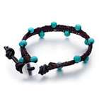   Turquoise Beads On Black Brown Rope Bracelet Little Metal Chip Stone