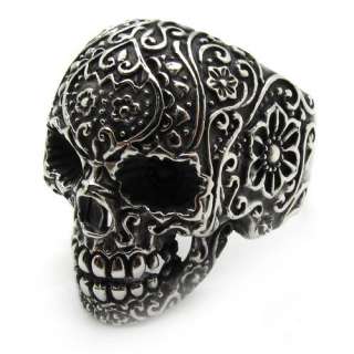 Mens gothic poker skull flower stainless steel silver finger ring 