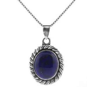  Sterling Silver Genuine Lapis Twisted Border Oval Pendant 