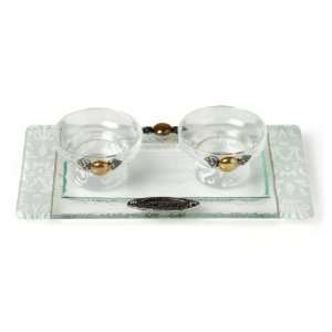 Short Glass Shabbat Candlesticks with White Flowers and Tray:  