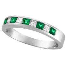   Princess Cut Real Green Emerald & Diamond Ring Band 14k White Gold