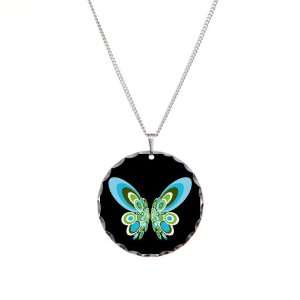   Necklace Circle Charm Retro Blue Butterfly Blck: Artsmith Inc: Jewelry