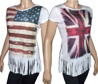 New Womens British Union Jack & American Stars and Stripes Fringed 