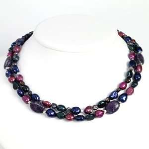   Silver Charoite, Blue/Green/Purple Cultured Pearl Necklace: Jewelry