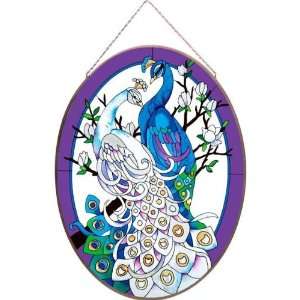 White/Blue Peacocks Metal Framed Stained Glass Art Panel 17.25 W X 23 