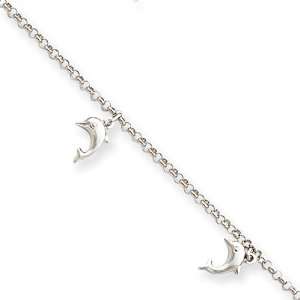  10 Inch 14k White Gold Polished Dolphins Anklet: Jewelry