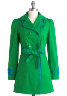 Emerald School Coat   Long, Green, Blue, Solid, Buttons, Pockets, Trim 