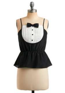 Party Downtown Top   Black, White, Bows, Buttons, Ruffles, Party 
