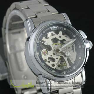 R199 Unisex Womens Mens Silver Stainless Steel Diamonds Automatic 