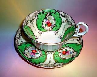Handpainted Floral & Green Regent Fenton Tea Cup and Saucer Set  