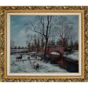 Sheep at White Snow Covered Riverside in Winter Oil Painting, with 