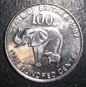1997 Eritrea 100 cents Elephant with baby animal coin  